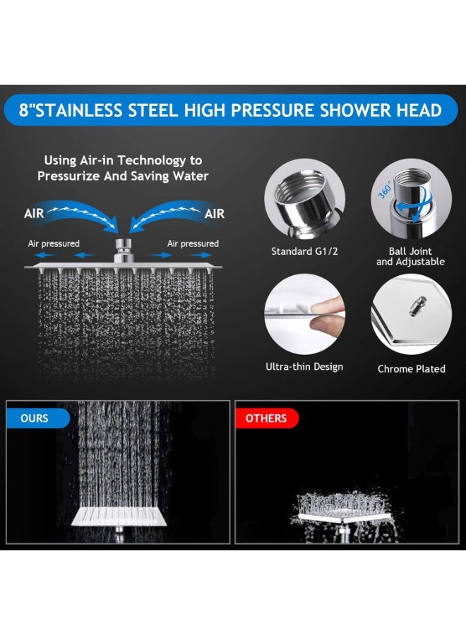 Shower Head Combo,8 Inch High Pressure Rain Shower Head with 11 Inch Adjustable Extension Arm and 5 Settings Handheld Shower Head Combo,Powerful Shower Spray Against Low Pressure Water with Long Hose - Image 4
