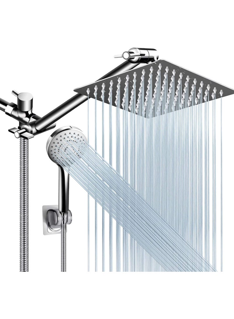 Shower Head Combo,8 Inch High Pressure Rain Shower Head with 11 Inch Adjustable Extension Arm and 5 Settings Handheld Shower Head Combo,Powerful Shower Spray Against Low Pressure Water with Long Hose - Image 1