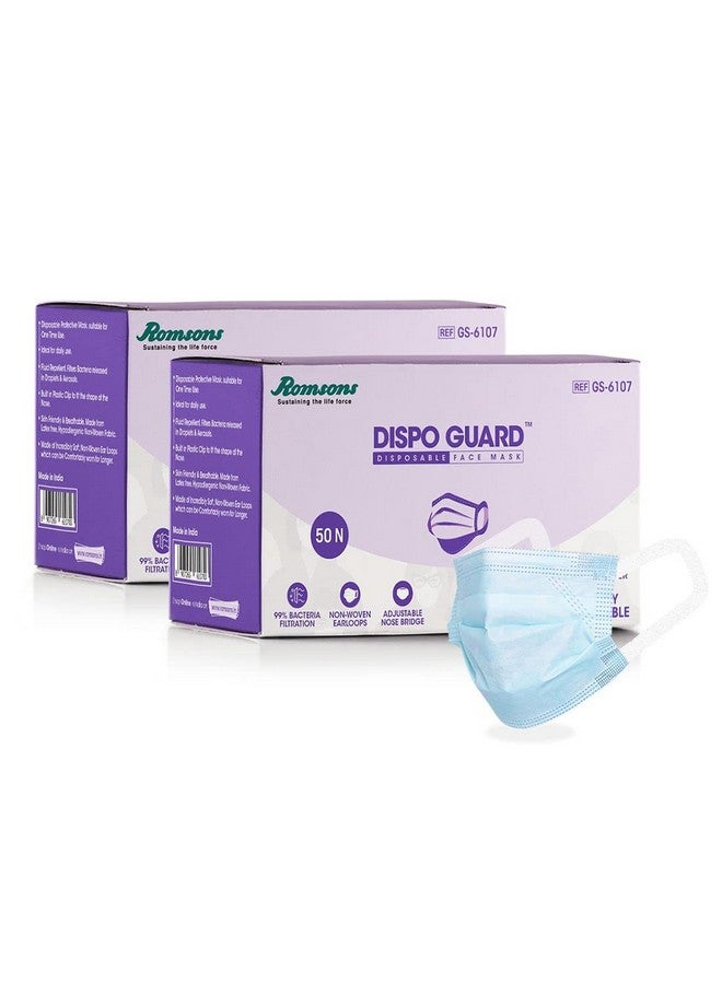 Romsons Cotton Dispo Guard 3 Ply Mask With Softest Ear Loops, 50 Pcs/Pack, (Pack Of 2) 100 Pcs, Unisex, Disposable, White - Image 1