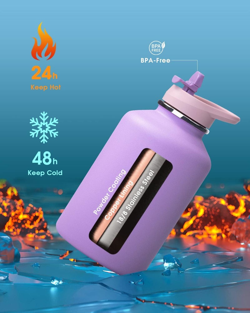 Coolflask 2L/64oz Lilac Purple Insulated Stainless Steel Water Bottle with PU Leather Sleeve, Straw Lids, Keeps Cold 48h Hot 24h - Image 4