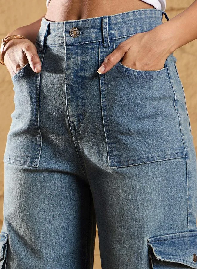 SASSAFRAS High Rise Multi Pockets Cargo Jeans by Styli