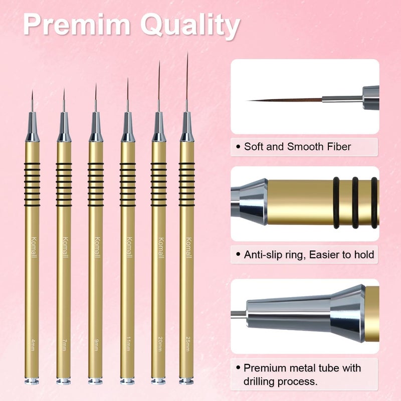 Komall Nail Art Liner Brushes, 6Pcs Painting Nail Art Brush Set Nail Dotting Drawing Tool for Long Lines, Thin Details, Fine Drawing Sizes 5/7/9/11/20/25mm(Gold) - Image 5