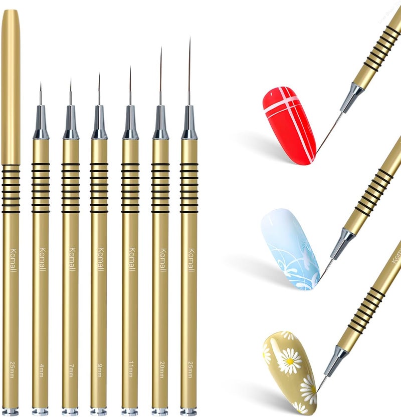 Komall Nail Art Liner Brushes, 6Pcs Painting Nail Art Brush Set Nail Dotting Drawing Tool for Long Lines, Thin Details, Fine Drawing Sizes 5/7/9/11/20/25mm(Gold) - Image 2