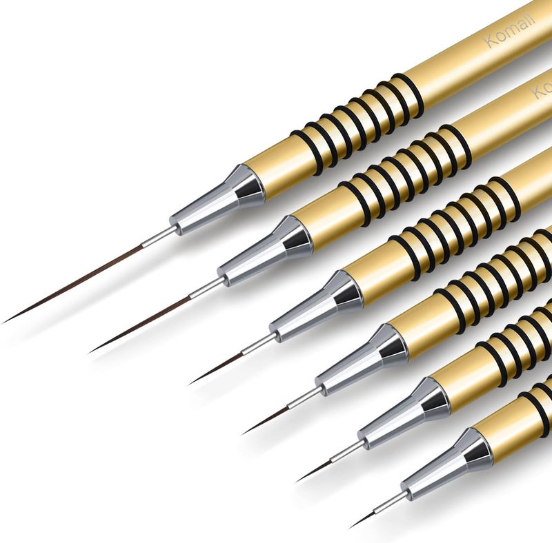 Komall Nail Art Liner Brushes, 6Pcs Painting Nail Art Brush Set Nail Dotting Drawing Tool for Long Lines, Thin Details, Fine Drawing Sizes 5/7/9/11/20/25mm(Gold) - Image 1
