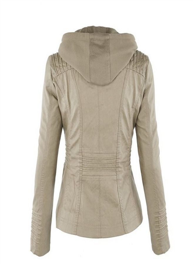Loquat Women's Long Sleeve Short Motorcycle Leather Jacket Beige  - Image 2