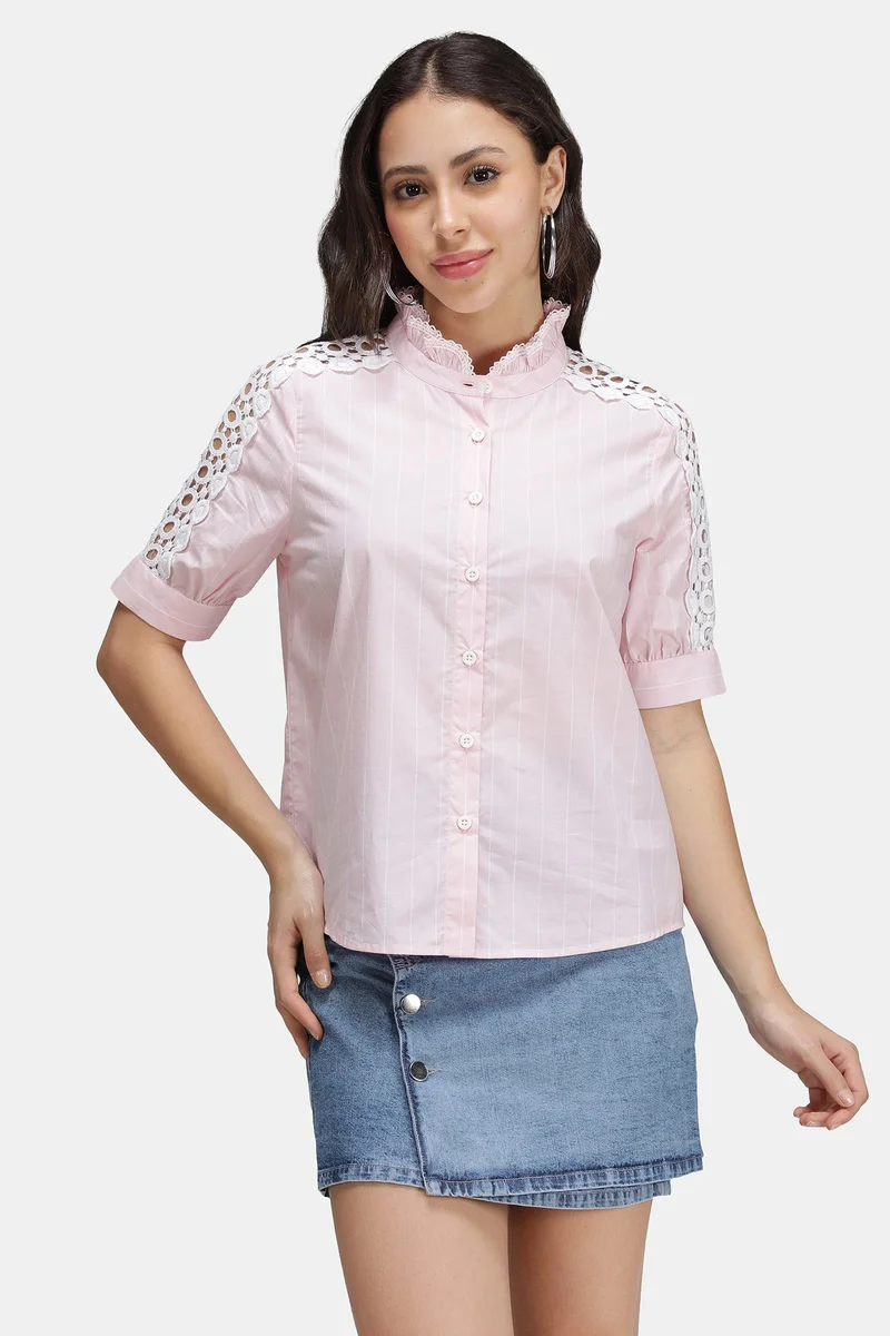 Virgio Solid Cotton Stripe Lace Insert Mandarin Shirt for Women
