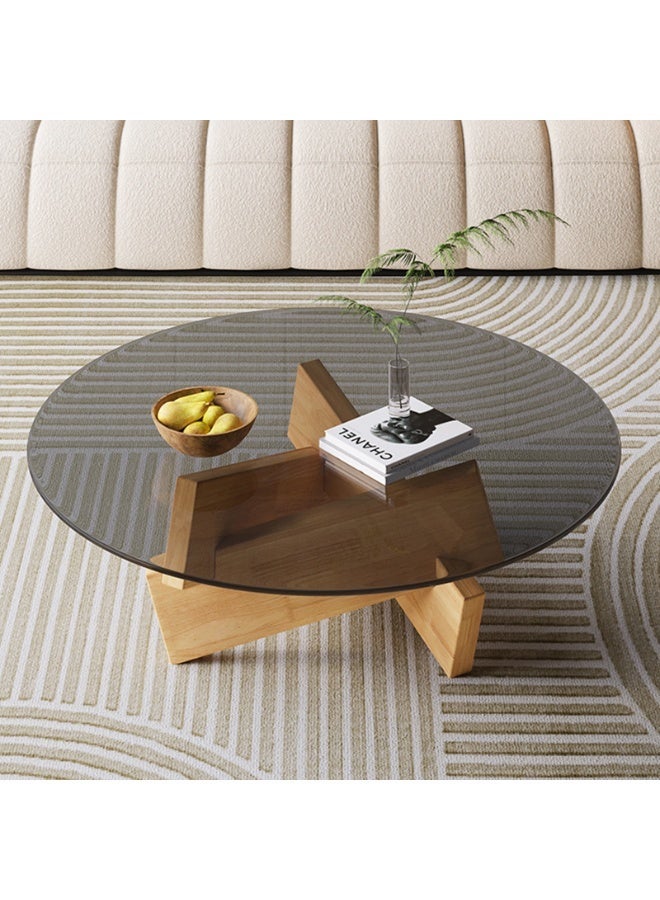 YSOAE Round Coffee Table for Living Room, Modern Glass Coffee Table, Tempered Glass Top, 80x80x31CM, Mid Century Vintage Unique Center Tables with Solid Wood Legs, for Small Spaces, Wood & Gray - Image 1