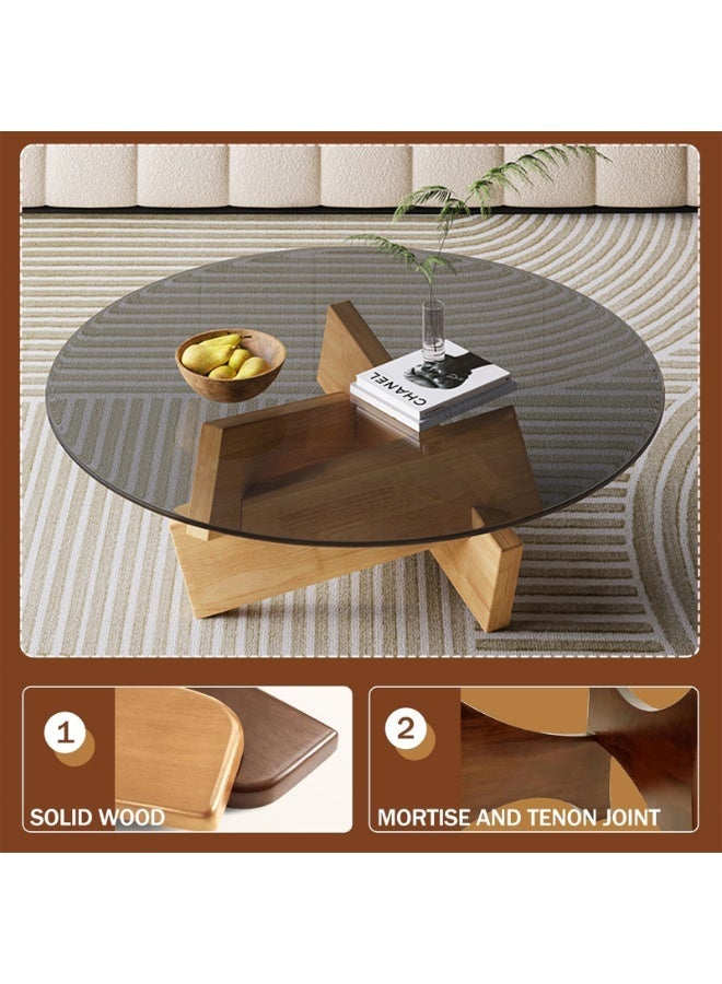 YSOAE Round Coffee Table for Living Room, Modern Glass Coffee Table, Tempered Glass Top, 80x80x31CM, Mid Century Vintage Unique Center Tables with Solid Wood Legs, for Small Spaces, Wood & Gray - Image 5