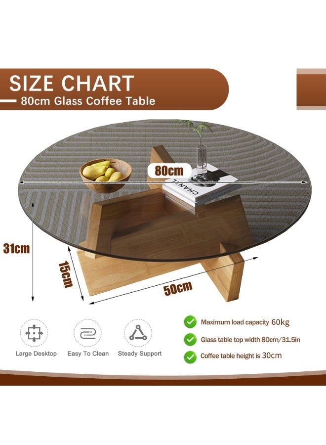 YSOAE Round Coffee Table for Living Room, Modern Glass Coffee Table, Tempered Glass Top, 80x80x31CM, Mid Century Vintage Unique Center Tables with Solid Wood Legs, for Small Spaces, Wood & Gray - Image 2