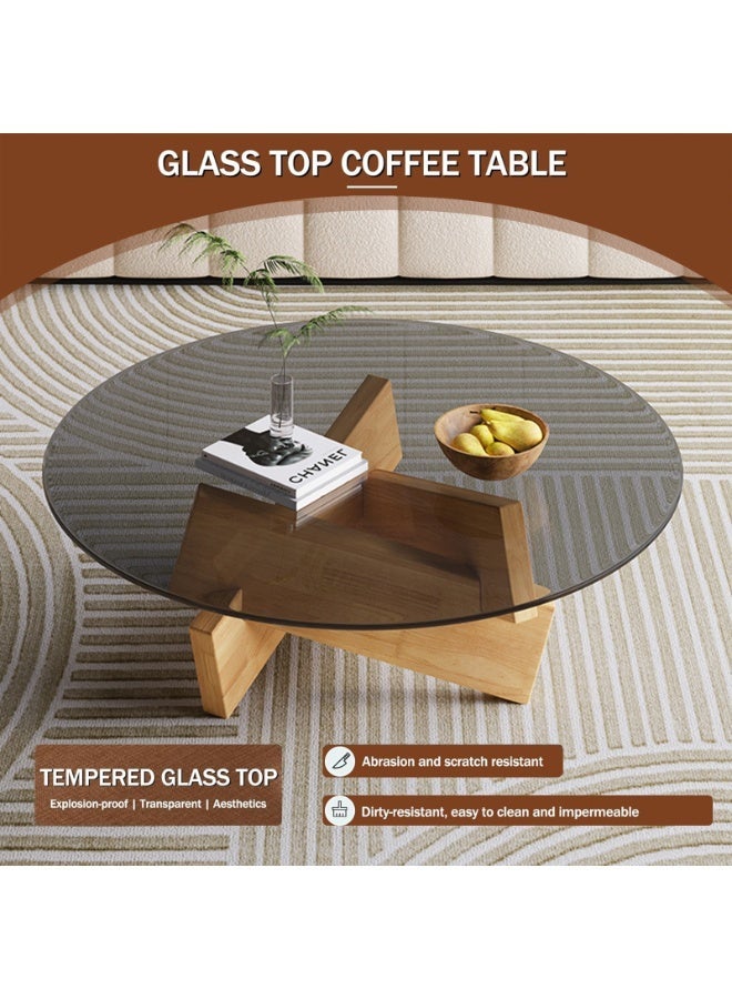YSOAE Round Coffee Table for Living Room, Modern Glass Coffee Table, Tempered Glass Top, 80x80x31CM, Mid Century Vintage Unique Center Tables with Solid Wood Legs, for Small Spaces, Wood & Gray - Image 4