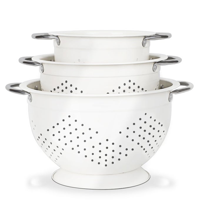 COLANDER SET OF 3 15 3 5 QT POWDER COATED METAL STRAINERS WITH RIVETED STAINLESS STEEL HANDLES AND STABLE BASE FOOD STRAINERS AND COLANDERS FOR KITCHEN WHITE