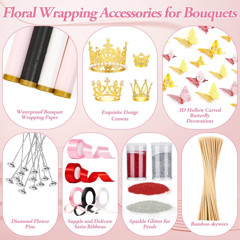 Tidponra 449Pcs Flower Bouquet Wrapping Accessories with Floral Wrapping Paper Gold Crowns Butterfly Decorations Gem Pins and Wooden Sticks, Ribbons for Money Bouquet Mother's Day Baby Shower Graduation - Image 4