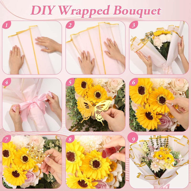 Tidponra 449Pcs Flower Bouquet Wrapping Accessories with Floral Wrapping Paper Gold Crowns Butterfly Decorations Gem Pins and Wooden Sticks, Ribbons for Money Bouquet Mother's Day Baby Shower Graduation - Image 5