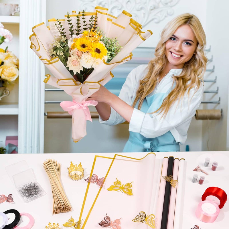 Tidponra 449Pcs Flower Bouquet Wrapping Accessories with Floral Wrapping Paper Gold Crowns Butterfly Decorations Gem Pins and Wooden Sticks, Ribbons for Money Bouquet Mother's Day Baby Shower Graduation - Image 2