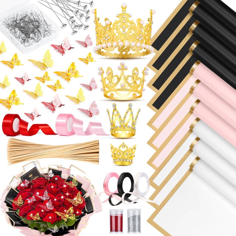 Tidponra 449Pcs Flower Bouquet Wrapping Accessories with Floral Wrapping Paper Gold Crowns Butterfly Decorations Gem Pins and Wooden Sticks, Ribbons for Money Bouquet Mother's Day Baby Shower Graduation - Image 1