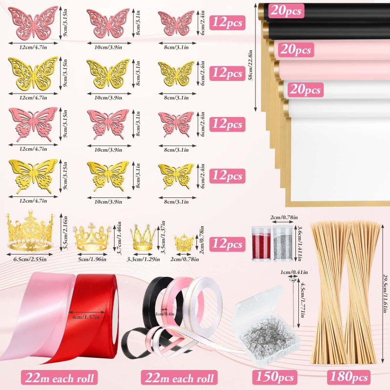 Tidponra 449Pcs Flower Bouquet Wrapping Accessories with Floral Wrapping Paper Gold Crowns Butterfly Decorations Gem Pins and Wooden Sticks, Ribbons for Money Bouquet Mother's Day Baby Shower Graduation - Image 3