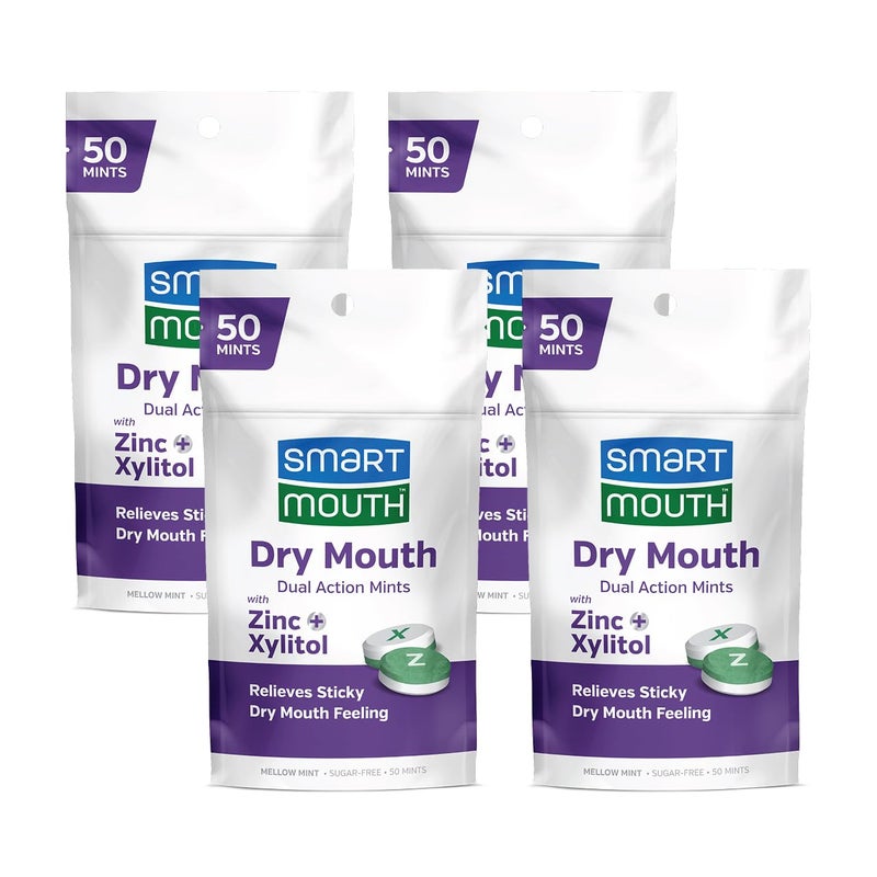 SmartMouth Dry Mouth Dual-Action Mints - Sugar-Free Mints for Dry Mouth Support - With Zinc & Xylitol - Travel-Friendly Packaging for On-the-Go Oral Care - Mellow Mint - 50 Count, 4-Pack - Image 1