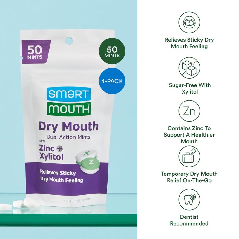 SmartMouth Dry Mouth Dual-Action Mints - Sugar-Free Mints for Dry Mouth Support - With Zinc & Xylitol - Travel-Friendly Packaging for On-the-Go Oral Care - Mellow Mint - 50 Count, 4-Pack - Image 4