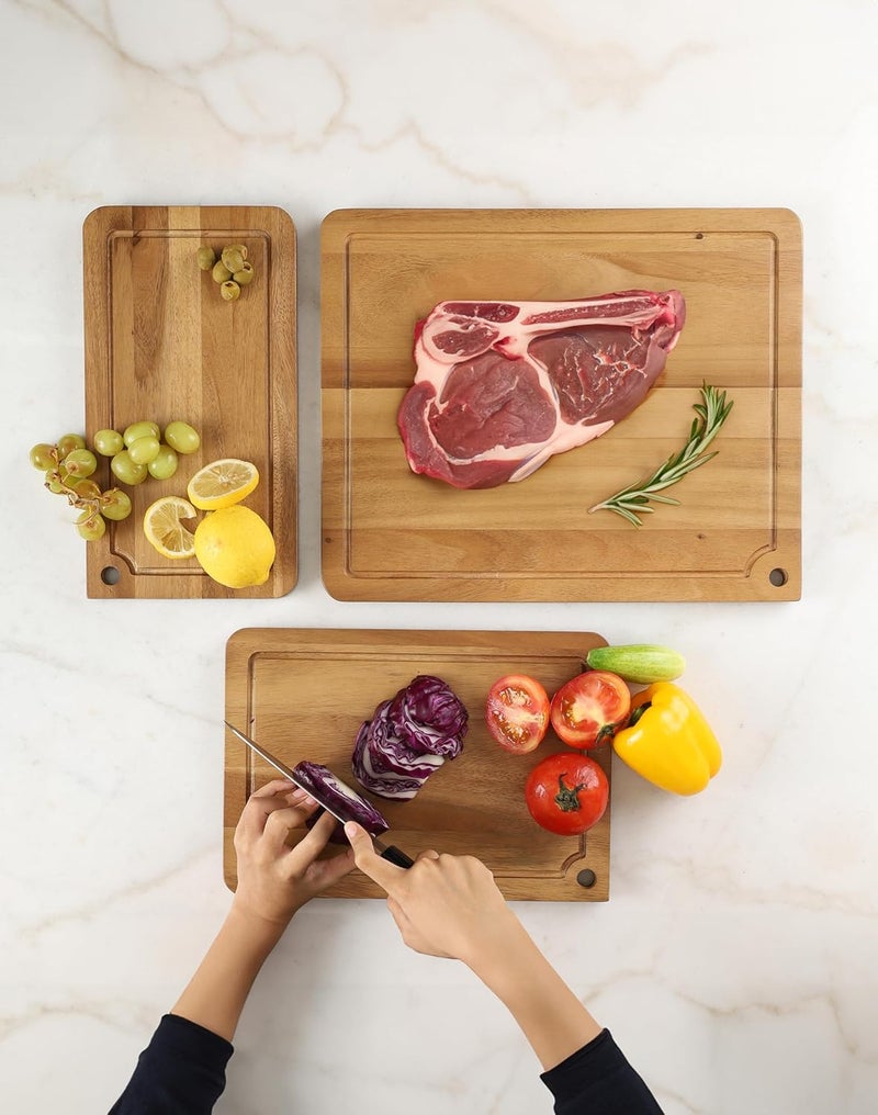 Sango Acacia Cutting Board Set with Juice Grooves and Hanging Holes, 3-Piece - Wood Chopping Boards, Stackable & Reversible for Kitchen, Non-Toxic, Perfect as Butcher Block Countertop, Atelier - Image 1