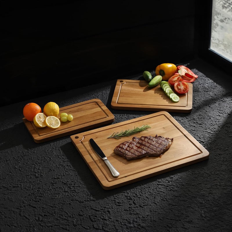 Sango Acacia Cutting Board Set with Juice Grooves and Hanging Holes, 3-Piece - Wood Chopping Boards, Stackable & Reversible for Kitchen, Non-Toxic, Perfect as Butcher Block Countertop, Atelier - Image 3