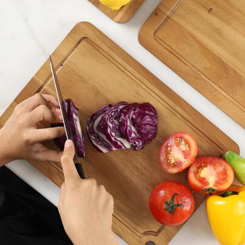 Sango Acacia Cutting Board Set with Juice Grooves and Hanging Holes, 3-Piece - Wood Chopping Boards, Stackable & Reversible for Kitchen, Non-Toxic, Perfect as Butcher Block Countertop, Atelier - Image 5