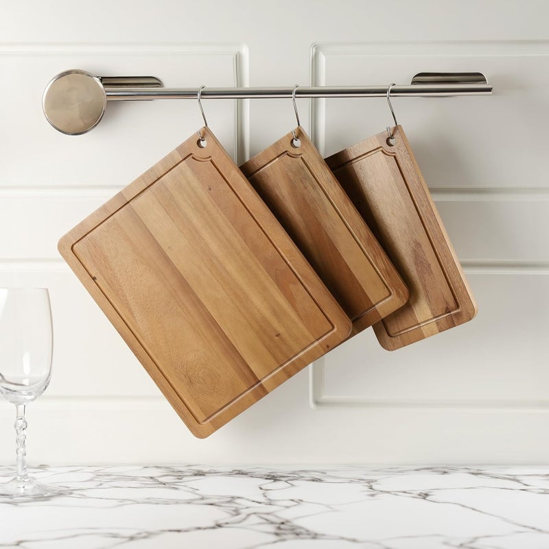 Sango Acacia Cutting Board Set with Juice Grooves and Hanging Holes, 3-Piece - Wood Chopping Boards, Stackable & Reversible for Kitchen, Non-Toxic, Perfect as Butcher Block Countertop, Atelier - Image 4