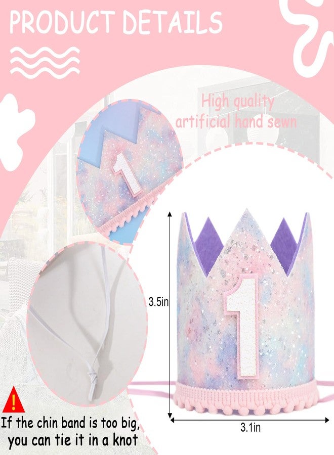 YOUAME Baby Girl First Birthday Decorations - Pastel Rainbow 1st Birthday Crown，Space Theme Cake Smash Party Hat,Pastel Rainbow Glitter Mini Party Crown,Sweet Photo Props For Girls - Image 2