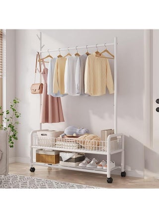 Lukzer 2-Bottom Cloth Stand & Garment Rack: Metal Coat Organizer with Rolling Wheels for Hanging Clothes and Bags, Multi-Functional Storage with Single Rod and Mesh Design (173 x 90 x 34 cm/White) - pzsku/ZEA73327D2372EEB6CF56Z/45/_/1737806108/c0bdf046-67a2-453e-9816-8235cf75eeb8