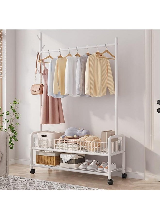 Lukzer Lukzer 2-Bottom Cloth Stand & Garment Rack: Metal Coat Organizer with Rolling Wheels for Hanging Clothes and Bags, Multi-Functional Storage with Single Rod and Mesh Design (173 x 90 x 34 cm/White)  - Image 1
