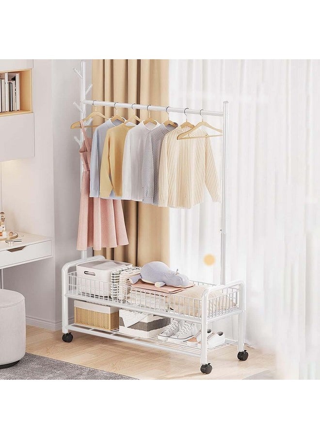 Lukzer Lukzer 2-Bottom Cloth Stand & Garment Rack: Metal Coat Organizer with Rolling Wheels for Hanging Clothes and Bags, Multi-Functional Storage with Single Rod and Mesh Design (173 x 90 x 34 cm/White)  - Image 2