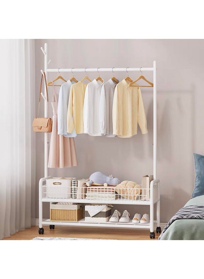 Lukzer Lukzer 2-Bottom Cloth Stand & Garment Rack: Metal Coat Organizer with Rolling Wheels for Hanging Clothes and Bags, Multi-Functional Storage with Single Rod and Mesh Design (173 x 90 x 34 cm/White)  - Image 3
