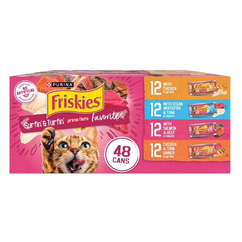 Friskies Purina Friskies Gravy Wet Cat Food Variety Pack, Surfin’ and Turfin’ Prime Filets Favorites - 48 ct. Can - Image 1