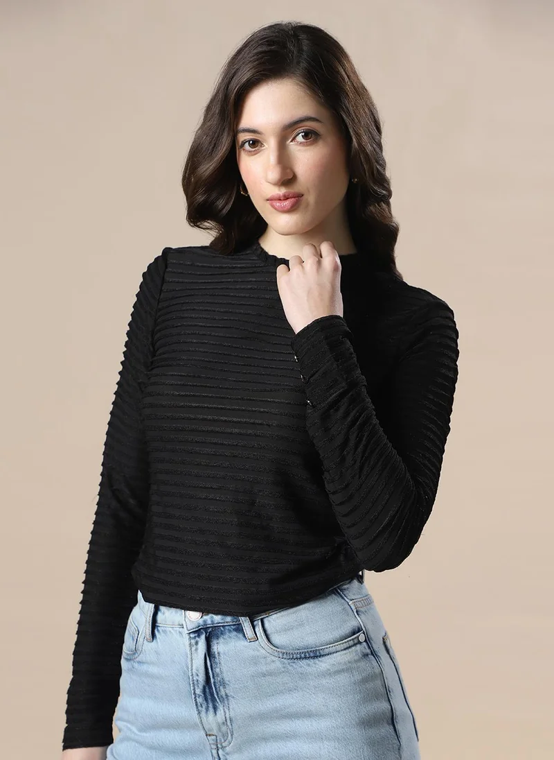 globus Globus Women Black Self Design High Neck Full Sleeves Knitted Top