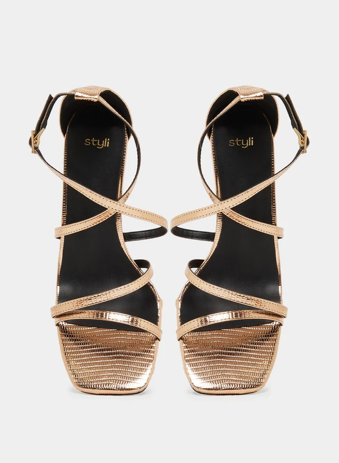 Styli Metallic Strappy Tiered Heel Sandals