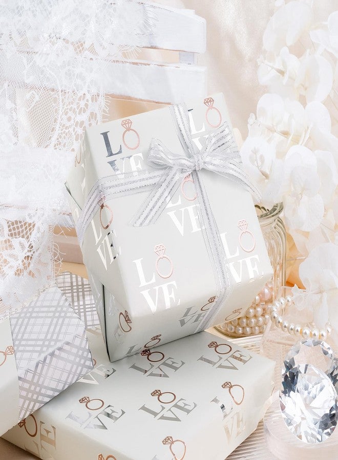 LeZakaa Reversible Wedding Wrapping Paper Roll - Love with Ring & Plaid Design Silver Foil for Wedding, Engagement, Bridal Shower, Anniversay, Valentine's Day - 17 inches x 9.8 Feet - Image 2