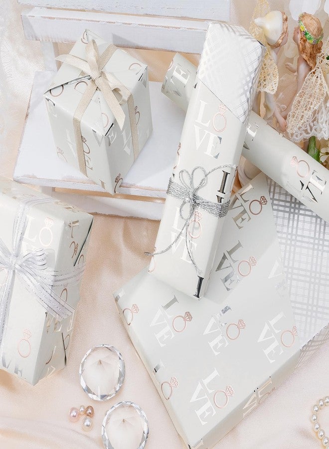 LeZakaa Reversible Wedding Wrapping Paper Roll - Love with Ring & Plaid Design Silver Foil for Wedding, Engagement, Bridal Shower, Anniversay, Valentine's Day - 17 inches x 9.8 Feet - Image 3