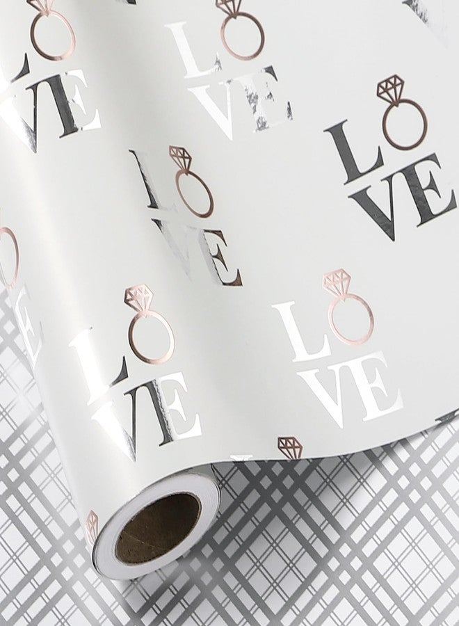 LeZakaa Reversible Wedding Wrapping Paper Roll - Love with Ring & Plaid Design Silver Foil for Wedding, Engagement, Bridal Shower, Anniversay, Valentine's Day - 17 inches x 9.8 Feet - Image 1