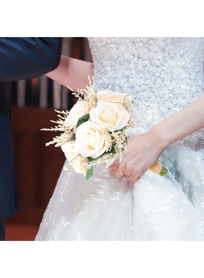 IVAYNE Wedding Bouquets for Bride Bridesmaid Bouquet Artificial Flowers Off White Rose Bouquet for Bride Church Home Decoration, Gifts (8in, Off-White) - Image 5
