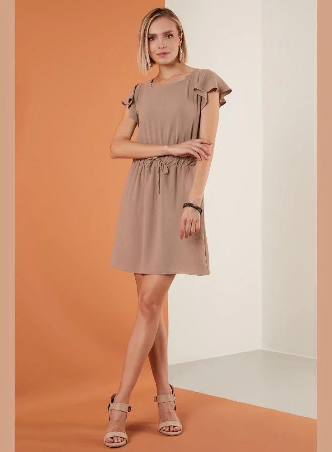 Lela Lela Waist-Gathered Sleeve Detail Crew Neck Regular Fit Dress Women's Dress 6058386