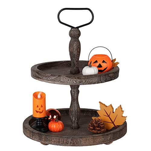 Mustry Rustic Wooden 2 Tiered Tray, Round Farmhouse Kitchen Table Decor Serving Tier Tray, Food Fruits Cupcake Display Coffee Bar Home Party Seasonal Decorations (Brown) - Image 1