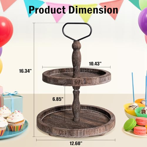 Mustry Rustic Wooden 2 Tiered Tray, Round Farmhouse Kitchen Table Decor Serving Tier Tray, Food Fruits Cupcake Display Coffee Bar Home Party Seasonal Decorations (Brown) - Image 5
