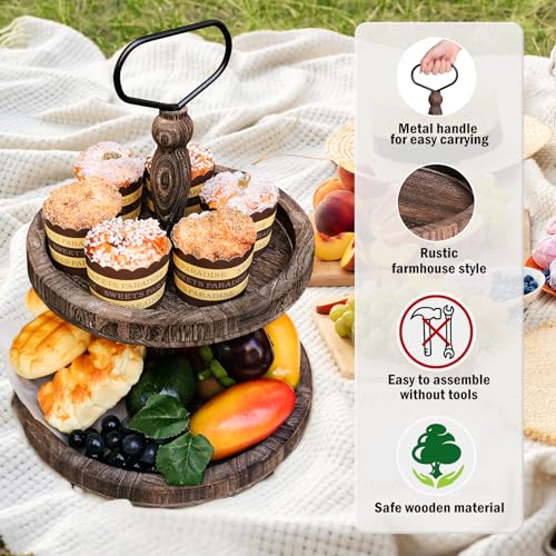 Mustry Rustic Wooden 2 Tiered Tray, Round Farmhouse Kitchen Table Decor Serving Tier Tray, Food Fruits Cupcake Display Coffee Bar Home Party Seasonal Decorations (Brown) - Image 4