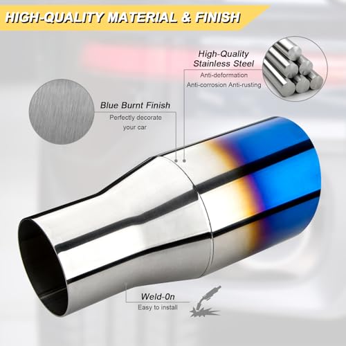 Vurkcy 2.5 inch Inlet Exhaust Tip, 3.5" Outlet 7.75" Overall Length Stainless Steel Exhaust Tail Pipe, Weld On, Sleek Angle Cut, Polished Tailpipe, Blue Burnt,2PCS - Image 2