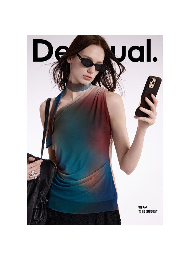 DESIGUAL 25 Slim-Fit Asymmetric Deconstructed Ombre Gradient Print One-Shoulder Women'S T-Shirt - Image 2