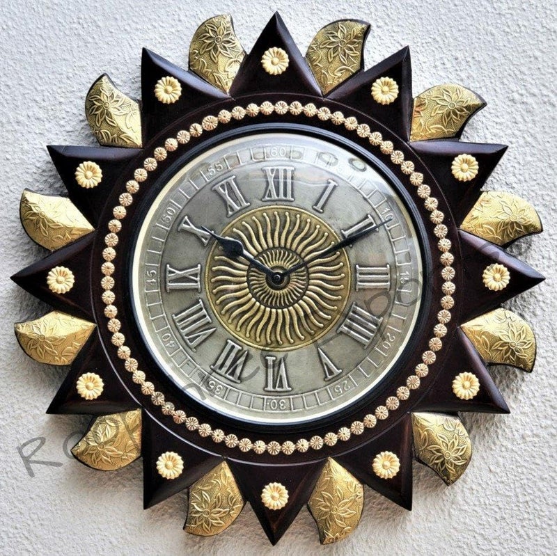 Vintage Clock Wooden Hand-Crafted Brass Numbers Analog Wall Clock / 18 Inches (45 Cm'S) / 1538-Wb2 - Image 1