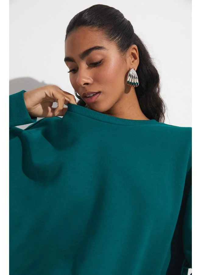 JUNE June Women Cotton Blend Oversize/Wide Fit Crew Neck Basic Knitted Sweatshirt Teal