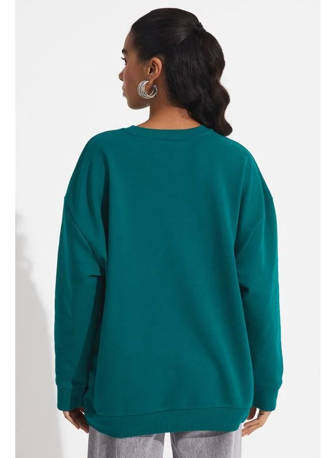JUNE June Women Cotton Blend Oversize/Wide Fit Crew Neck Basic Knitted Sweatshirt Teal
