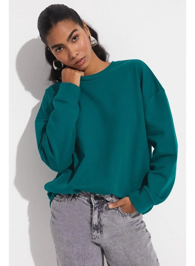 JUNE June Women Cotton Blend Oversize/Wide Fit Crew Neck Basic Knitted Sweatshirt Teal