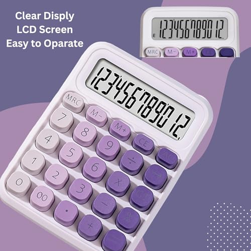 RATAVA Colorful Candy Basic Calculator | 12-Digit Large LCD Display with Sugar Cube Buttons | Cute & Functional for Office, School, Home & Business | Color - Purple | (1 Pc), White - Image 3
