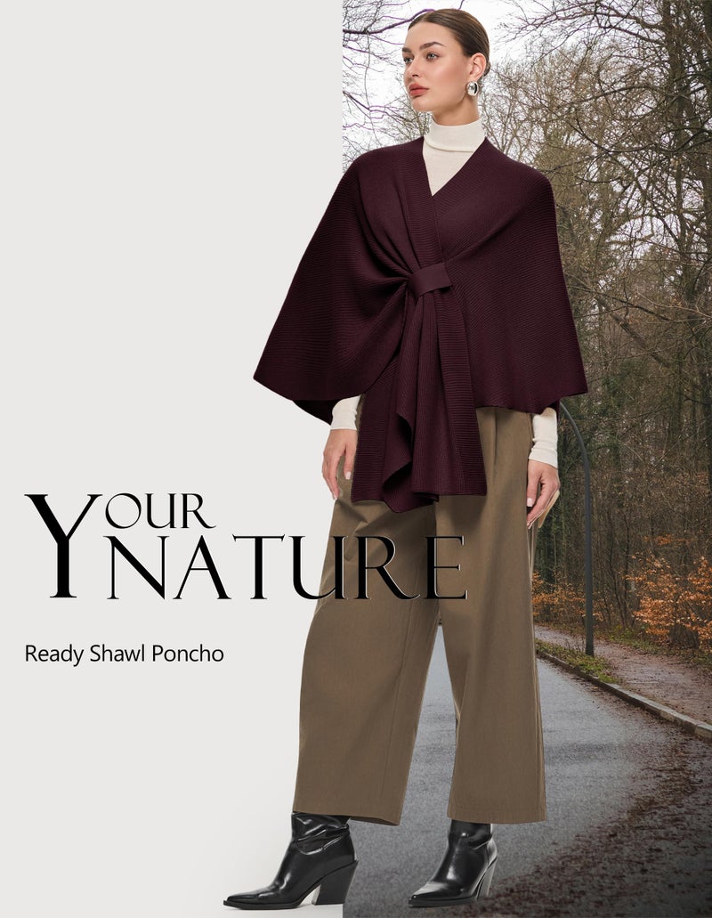 PULI Women's Shawl Wraps Ribbed Poncho Ruana Cape Open Front Cardigan Sweater Evening Dress for Fall Winter Burgundy - Image 4